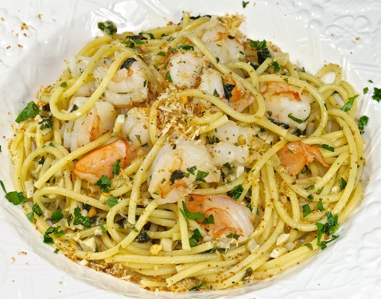 Spaghetti, Scampi And Garlic Crumbs
